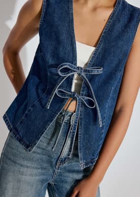 Relaxed Denim Front Tie V-Neck Vest
