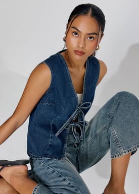 Relaxed Denim Front Tie V-Neck Vest