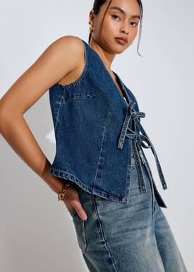 Relaxed Denim Front Tie V-Neck Vest