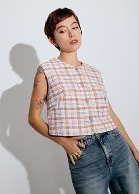 Relaxed Tweed Round Neck Button Down Vest