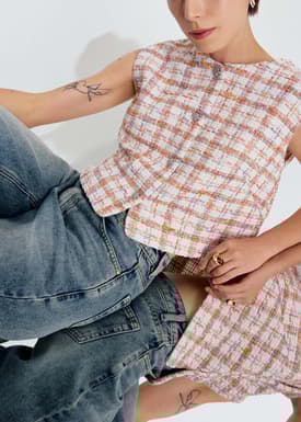 Relaxed Tweed Round Neck Button Down Vest