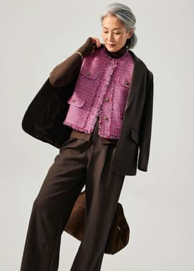 Oversized Tweed Frayed Hem Round Neck Vest