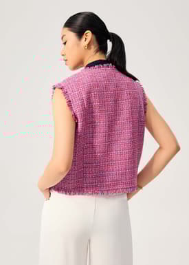 Oversized Tweed Frayed Hem Round Neck Vest