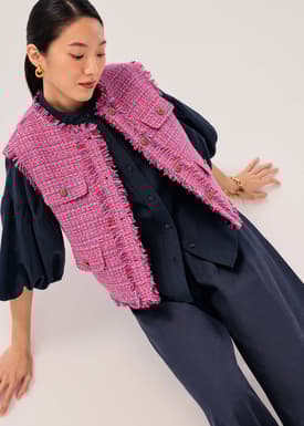 Oversized Tweed Frayed Hem Round Neck Vest