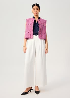 Oversized Tweed Frayed Hem Round Neck Vest