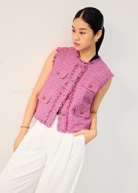 Oversized Tweed Frayed Hem Round Neck Vest