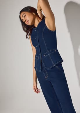 Denim Round Neck Fitted Vest