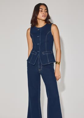 Denim Round Neck Fitted Vest