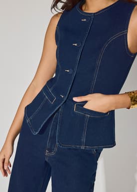Denim Round Neck Fitted Vest