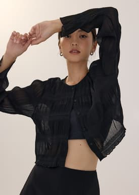 Crinkled Sheer Round Neck Cardigan