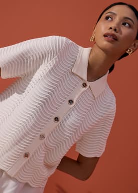 Wavy Knit Collared Boxy Cardigan