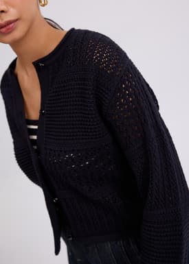 Relaxed Pointelle Knit Round Neck Cardigan