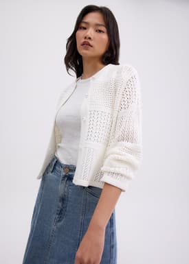 Relaxed Pointelle Knit Round Neck Cardigan