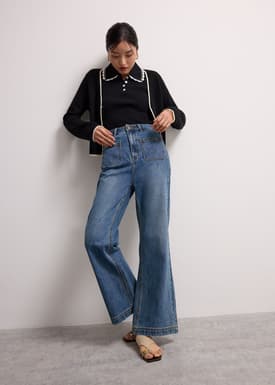 Relaxed Contrast Piping Knit Metal Clasp Cardigan