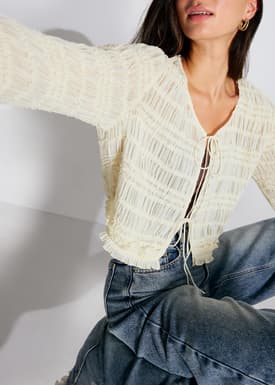 Crinkled Round Neck Crop Cardigan