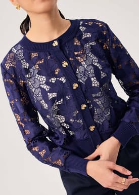 Floral Lace Knit Round Neck Cardigan