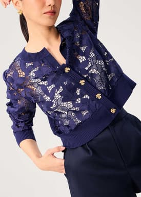 Floral Lace Knit Round Neck Cardigan
