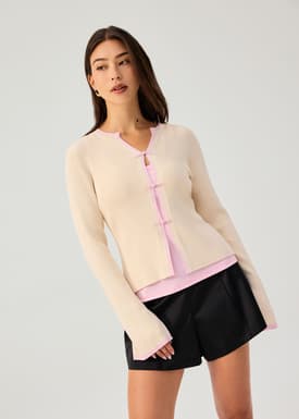 Contrast Piping Ribbed Knit Frog Button Cardigan