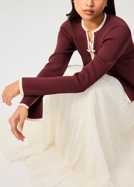 Contrast Piping Ribbed Knit Frog Button Cardigan