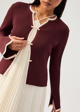 Contrast Piping Ribbed Knit Frog Button Cardigan