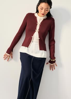 Contrast Piping Ribbed Knit Frog Button Cardigan
