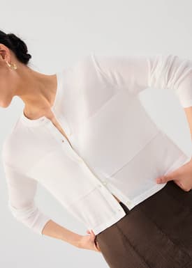 Sheer Knit Front Panel Round Neck Cardigan