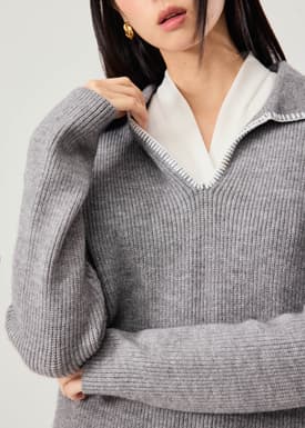 Contrast Blanket Stitch Knit Collared Sweater