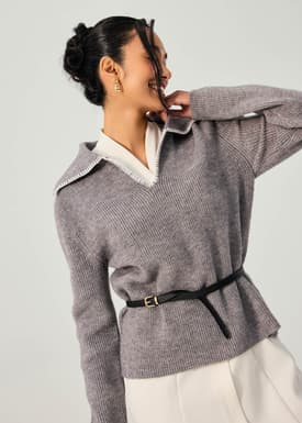 Contrast Blanket Stitch Knit Collared Sweater