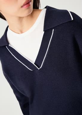 Contrast Trim Relaxed Knit Collared Sweater