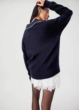 Contrast Trim Relaxed Knit Collared Sweater