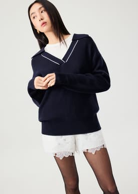 Contrast Trim Relaxed Knit Collared Sweater