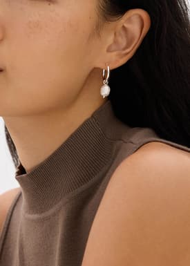 14K Gold Plated Metal Pearl Dangling Hoop Earrings