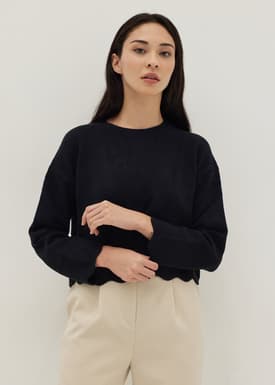 Knit Round Neck Scallop Crop Sweater