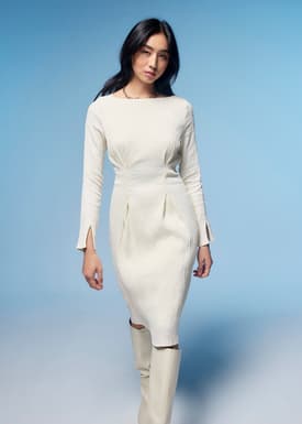 Boat Neck Flare Sleeve Column Midi Dress