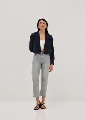 Plaid Shoulder Padded Crop Blazer