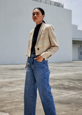 Plaid Shoulder Padded Crop Blazer