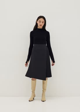 Adjustable Pleated Front Wrap Midi Skirt