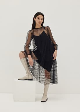 2-in-1 Polka Dot Flare Midaxi Dress