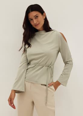 Satin Cowl Neck Long Sleeve Top