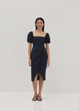 Regina Linen Puff Sleeve Midi Dress
