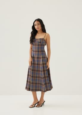 Norie Padded Plaid Sweetheart Midi Dress
