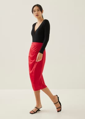 Ninda Satin Pleated Column Midi Skirt