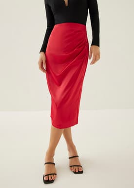Ninda Satin Pleated Column Midi Skirt