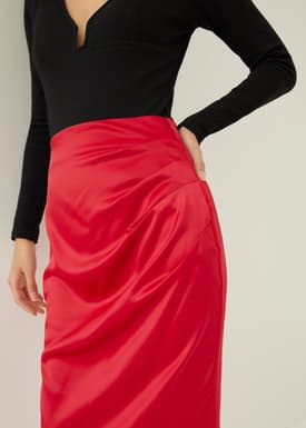 Ninda Satin Pleated Column Midi Skirt