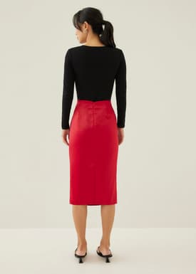 Ninda Satin Pleated Column Midi Skirt