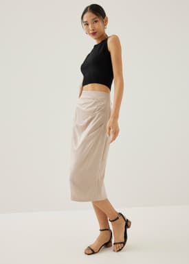 Ninda Satin Pleated Column Midi Skirt