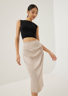 Ninda Satin Pleated Column Midi Skirt