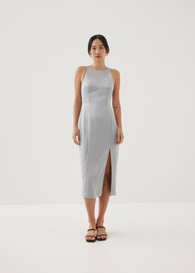 Khan Satin Padded Open Back Midi Dress