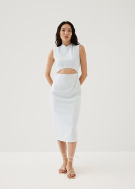 Agnes Shoulder Padded Tweed Mandarin Collar Midi Dress
