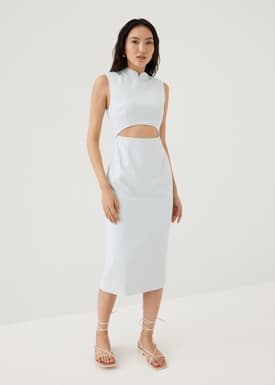 Agnes Shoulder Padded Tweed Mandarin Collar Midi Dress